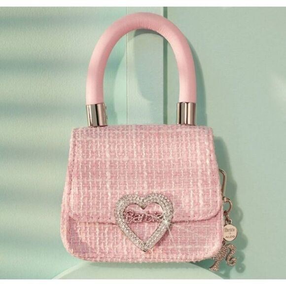 ALDO X BARBIE Pink Tweed Rhinestone Heart Mini Satchel/Crossbody Bag - Picture 3 of 7